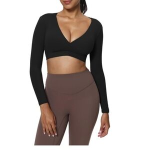 Long Sleeve Crop for Women, Deep V Half Cutout Workout Cropped T Shirt, Yoga